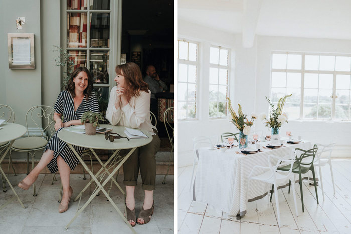 Susie Dale and Holly Poulter, founders of Revelry Events (Photo: meganelle.co.uk); Right: A ‘new preppy’ styled shoot masterminded by Revelry Events, featuring graph-paper inspired linens, modern romantic crest designs and a palette of navy, blush and copper for a Gossip Girl meets East London look (Photo: weheartpictures.com)