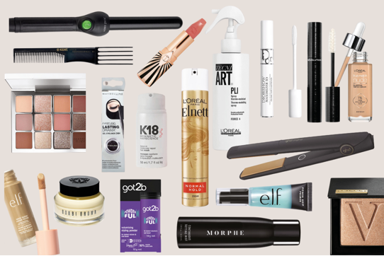 an assortment of cut out hair and makeup products