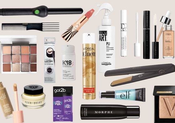 an assortment of cut out hair and makeup products