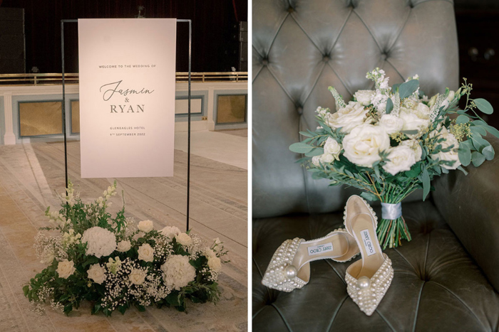 Wedding details including welcome sign and image showing bouquet and Jimmy Choo heels