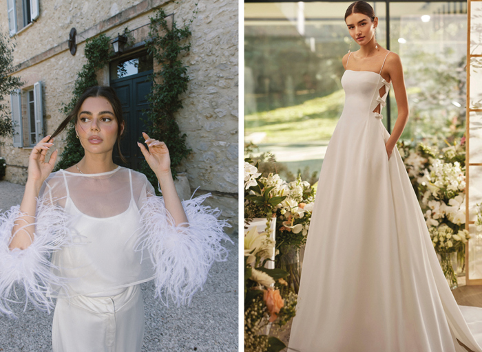 Model wears feather-sleeved bridal separates while other bride wears A-line wedding dress with bow detailing along the side