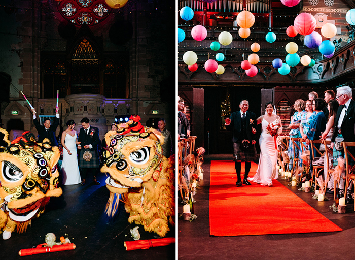 a bride and groom standing between large yellow Chinese lion dragon puppets on left. A bride walking on red carpet on arm of a man wearing a kilt on right