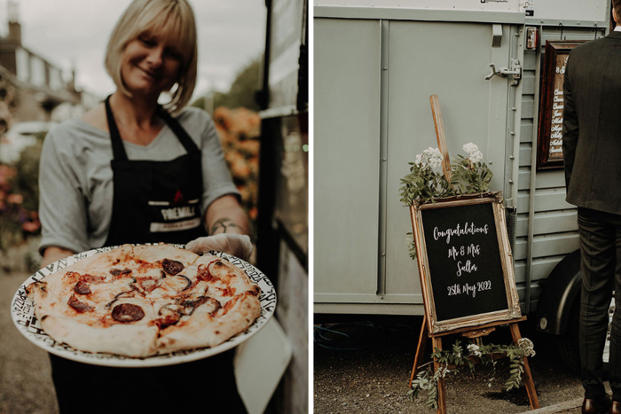 Street food vendor holding pizza and sign for couple's wedding