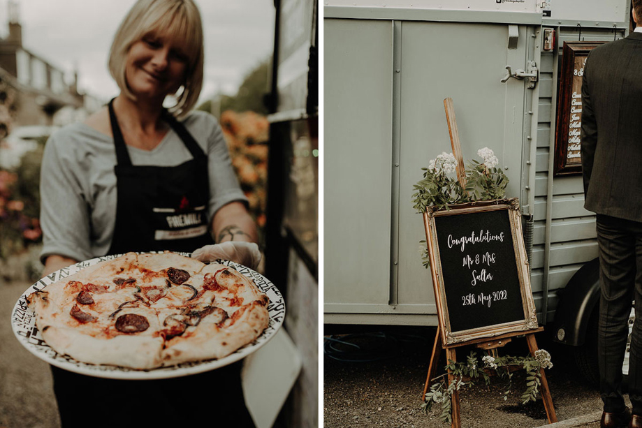 Street food vendor holding pizza and sign for couple's wedding