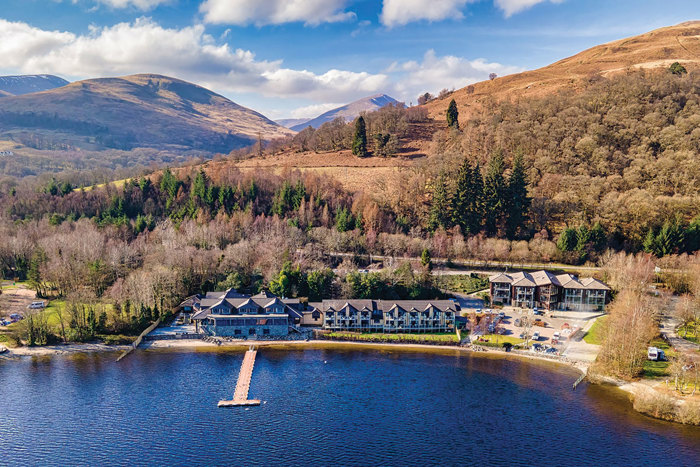 birds eye view on a sunny day of wedding venue Lodge on loch lomond