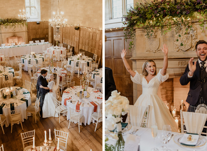 left image shows a bride and groom pose amid circular tables set for dinner in a wooden-panelled ballroom with high ceiling; right image shows a bride and groom cheering and clapping standing behind a table set with elegant tableware. There is a large engraved stone fireplace with verdant greenery draped from it in the background