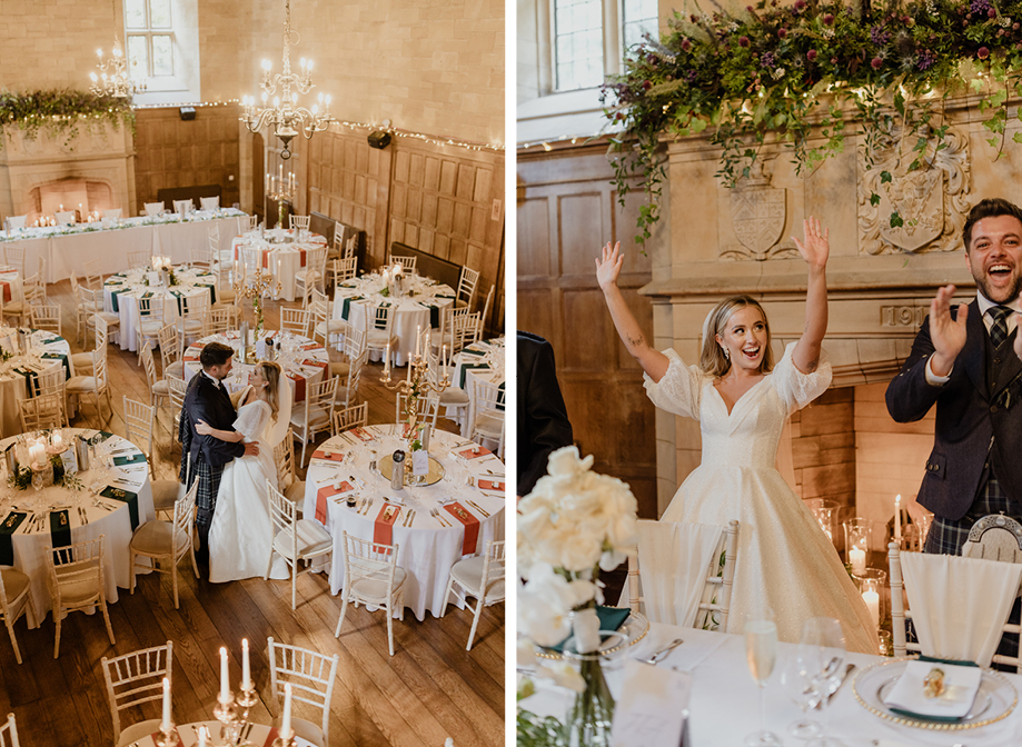 left image shows a bride and groom pose amid circular tables set for dinner in a wooden-panelled ballroom with high ceiling; right image shows a bride and groom cheering and clapping standing behind a table set with elegant tableware. There is a large engraved stone fireplace with verdant greenery draped from it in the background