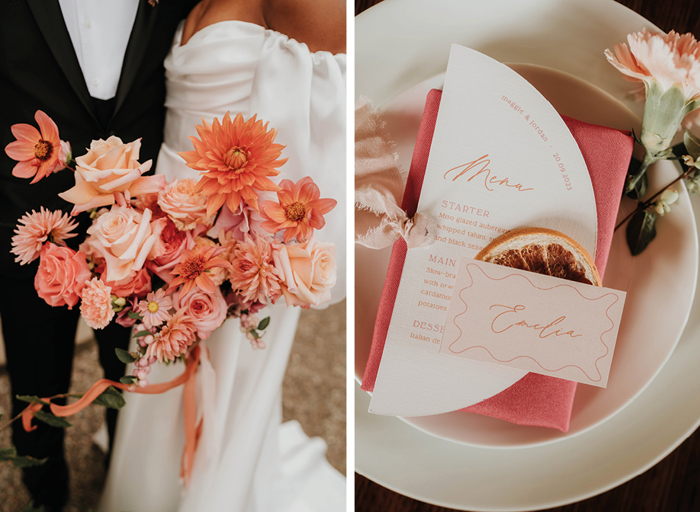 Two focus shots of a pink and orange bouquet and a plated menu and place card