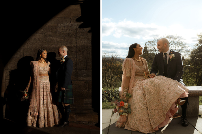 A Bride Wearing A Pink Lehenga And Groom Wearing A Kilt Posing For Photos At Glasgow University
