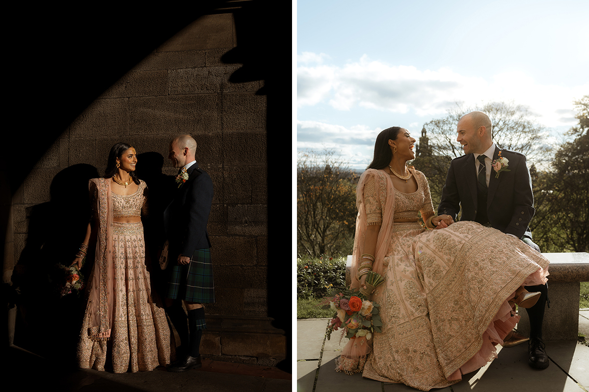 A Bride Wearing A Pink Lehenga And Groom Wearing A Kilt Posing For Photos At Glasgow University