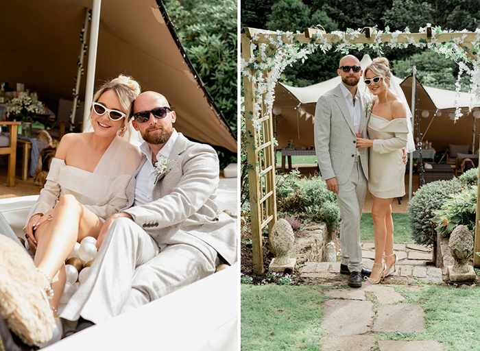 a bride and groom posing for photos in a ball pit (on left) and under a wooden structure in a garden (on right)