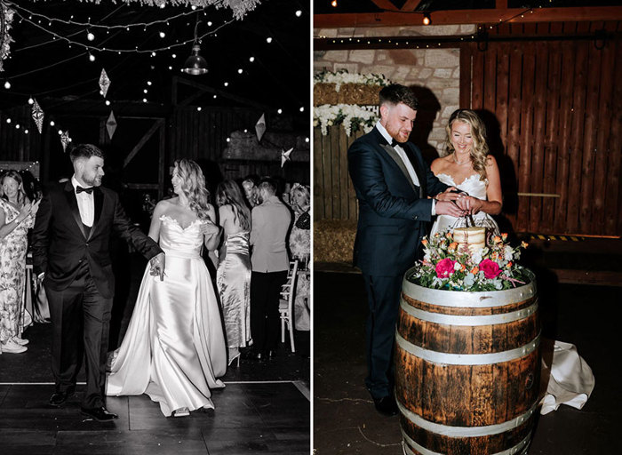 a bride and groom walking onto a dance floor on left. A bride and groom cutting a wedding cake that's sitting on wooden barrel on right.