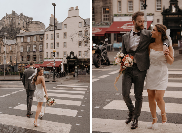 Bride and groom walking across the road on a zebra crossing