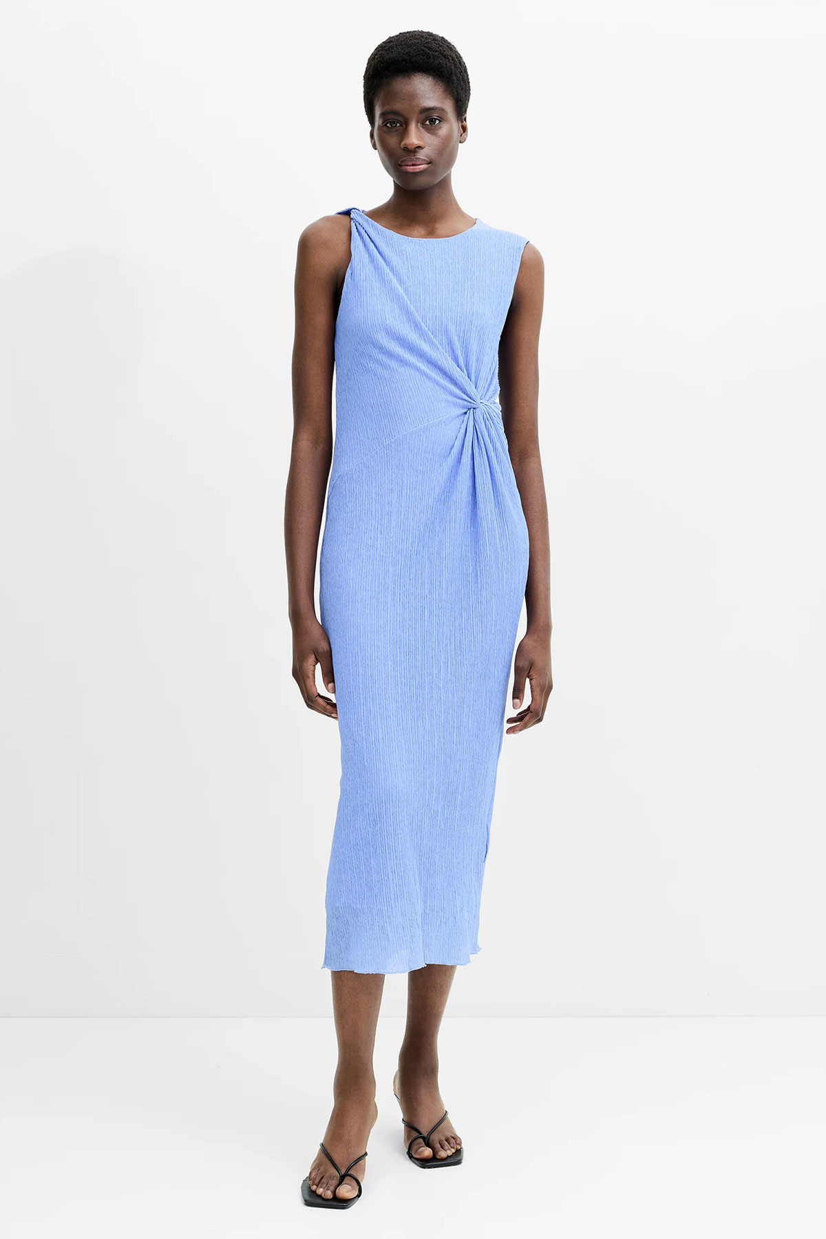 Light blue fitted midi dress with side twist detail and sleeveless design