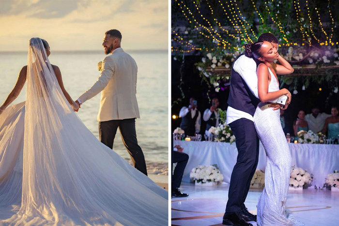 Images showing Leigh Anne Pinnock's two wedding dresses