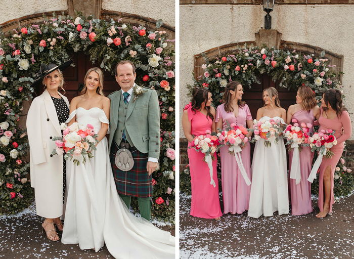 a bride posing against a floral archway with a person in a kilt and a person wearing a smart ivory coat and polka-dot dress on left. A smiling bride posing with four bridesmaids wearing various shades of pink dress against a floral arch on right