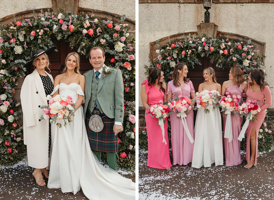 a bride posing against a floral archway with a person in a kilt and a person wearing a smart ivory coat and polka-dot dress on left. A smiling bride posing with four bridesmaids wearing various shades of pink dress against a floral arch on right