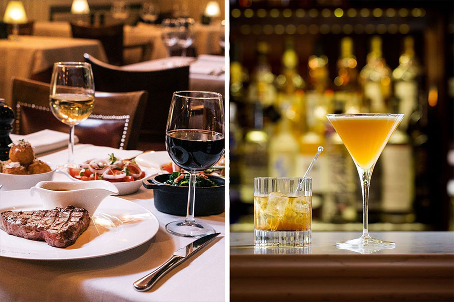 A dinner spread with steak and wine in a restaurant on the left, and two orange cocktails on the right
