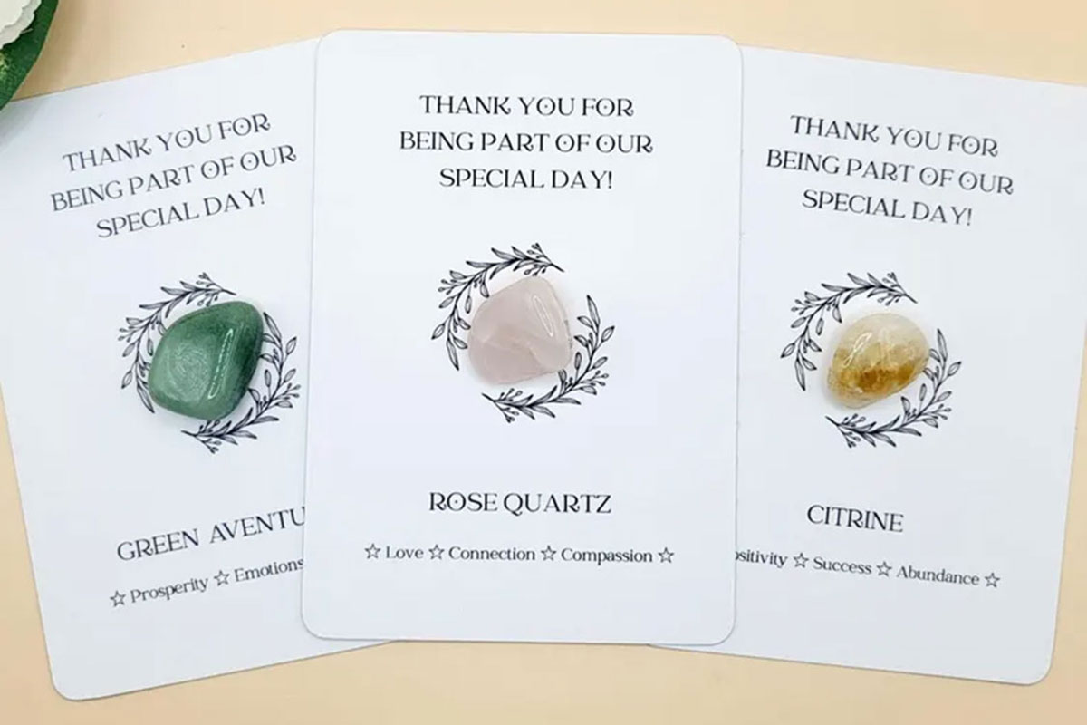 Crystal wedding favour cards with rose quartz, citrine and green aventurine