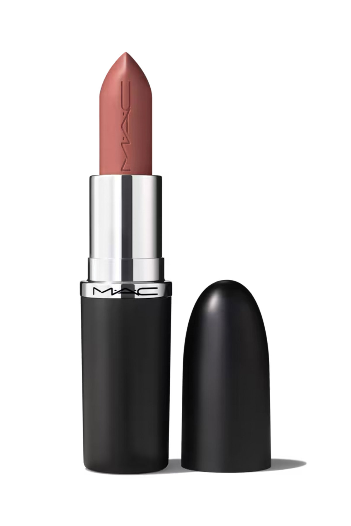 MACximal Sleek Satin Lipstick in Modesty, a muted pink-brown shade, with black cap beside it