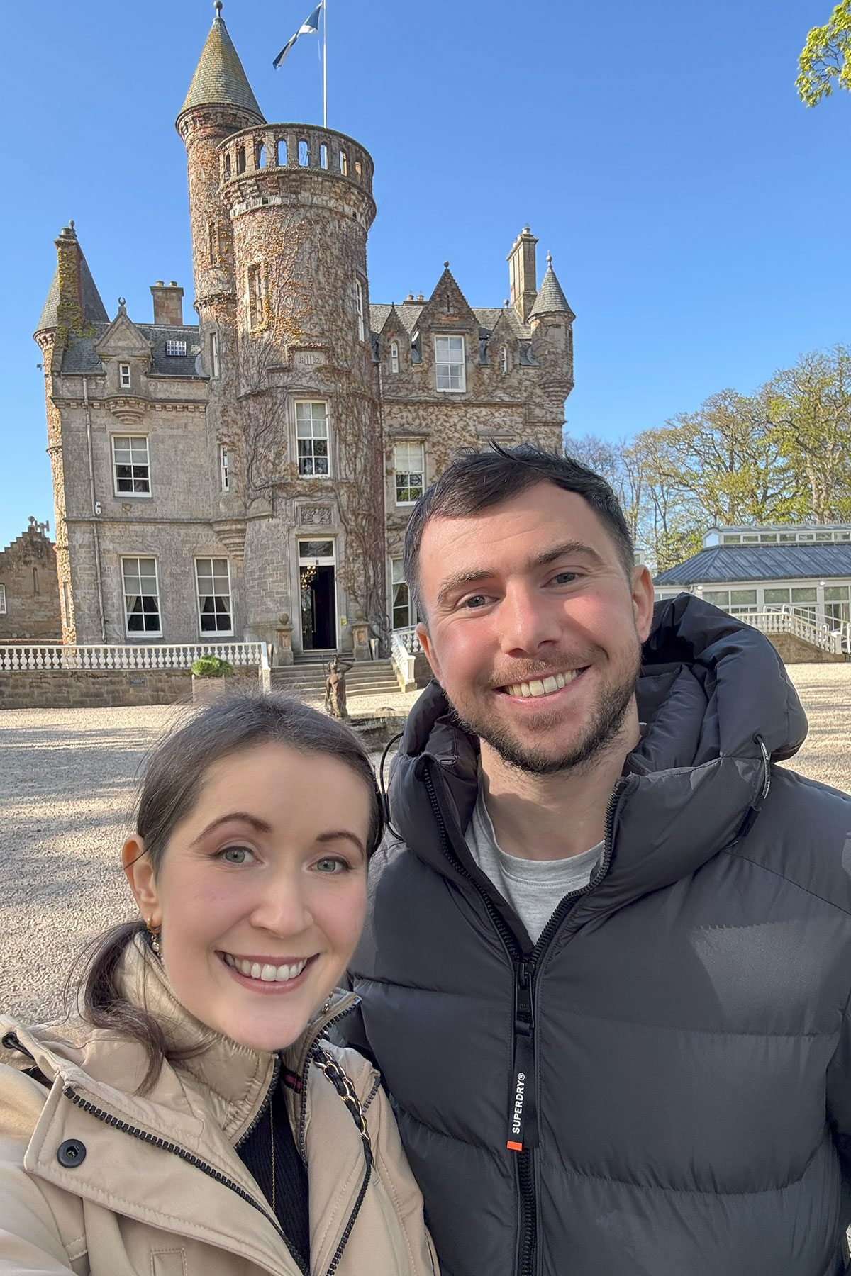 Laura and Darren outside Carlowrie Castle near Edinburgh, where they are planning their September wedding