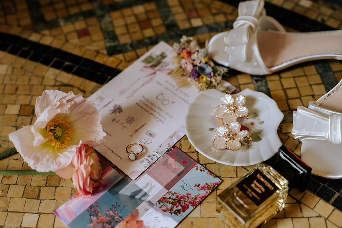 wedding flat lay details Carlowrie Castle wedding 