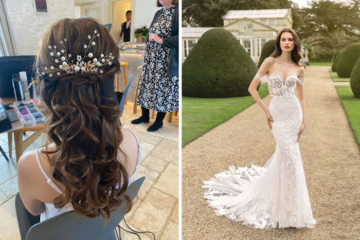 Colleen Davidson added a little sparkle to this half-up half-down look and model wears Susy gown by Enzoani