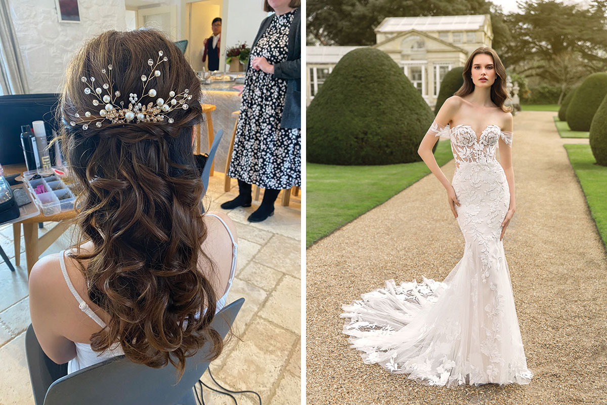 Colleen Davidson added a little sparkle to this half-up half-down look and model wears Susy gown by Enzoani