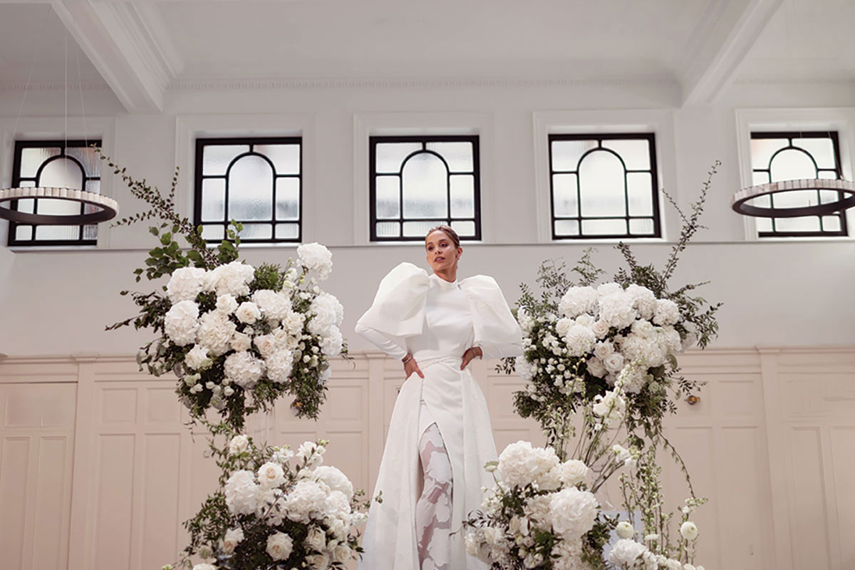 Modern bridal fashion photoshoot at The Collector’s Hall Glasgow with model Emily Shak in couture gown