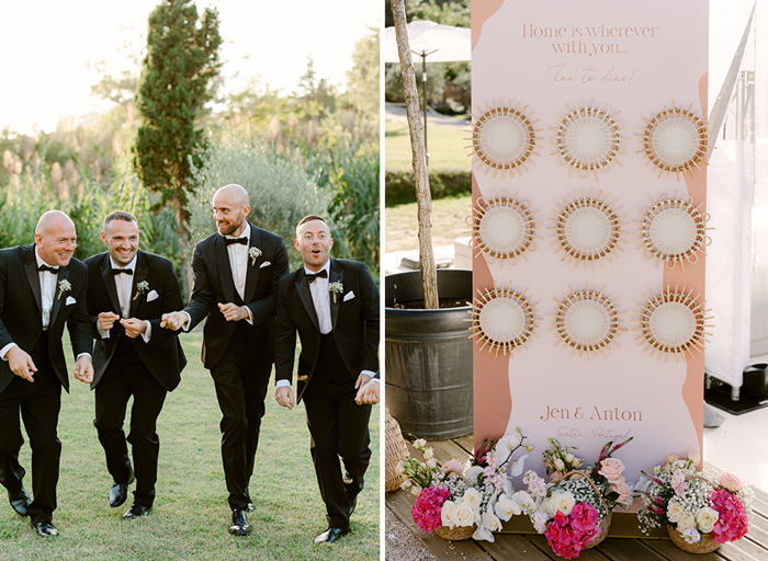 men wearing black tie tuxedo suits walking on grass on left. A pastel circular wedding table plan with bright flower displays at the bottom