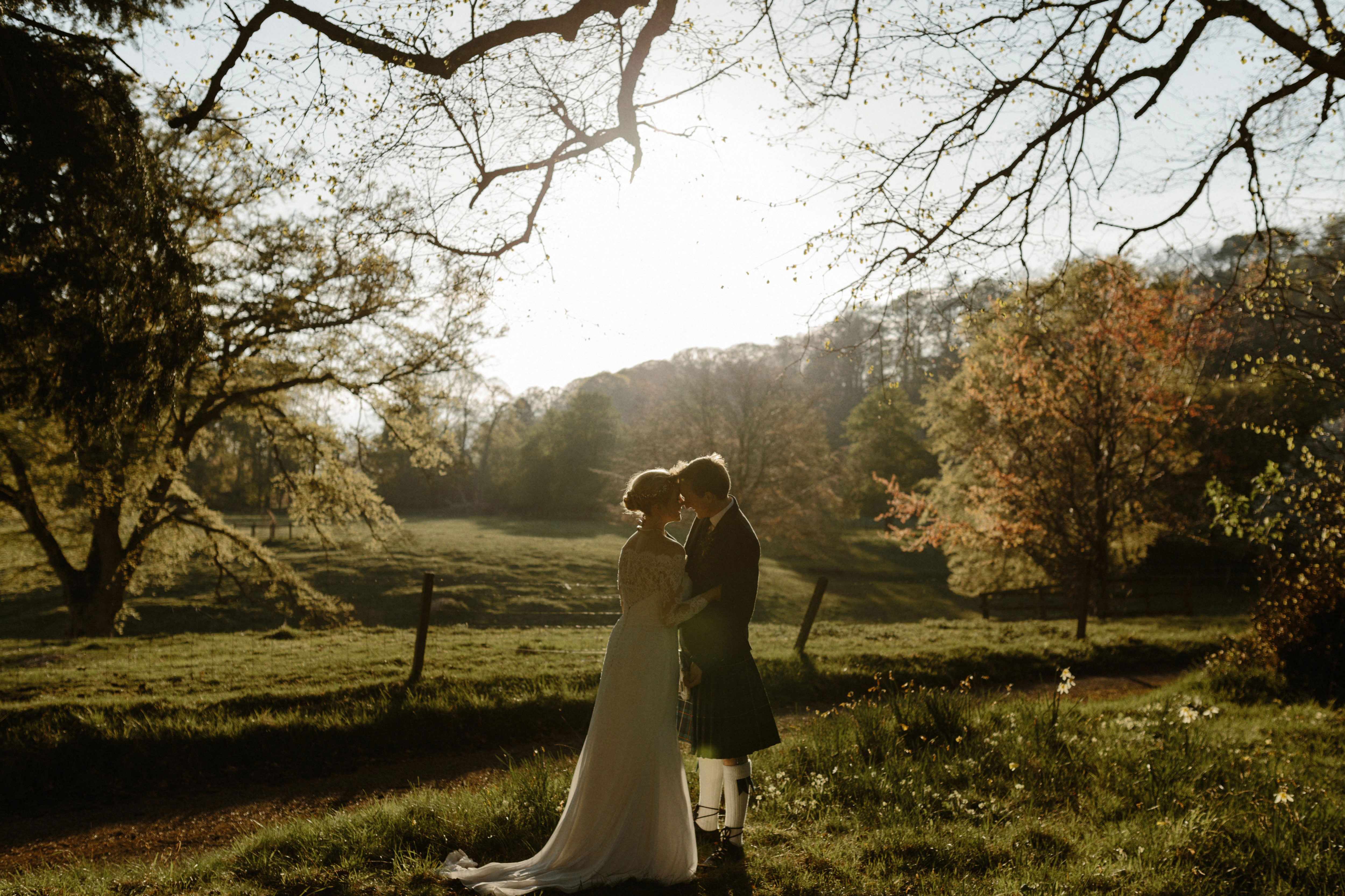 bride and groom outdoors on wedding day at byre at inchyra