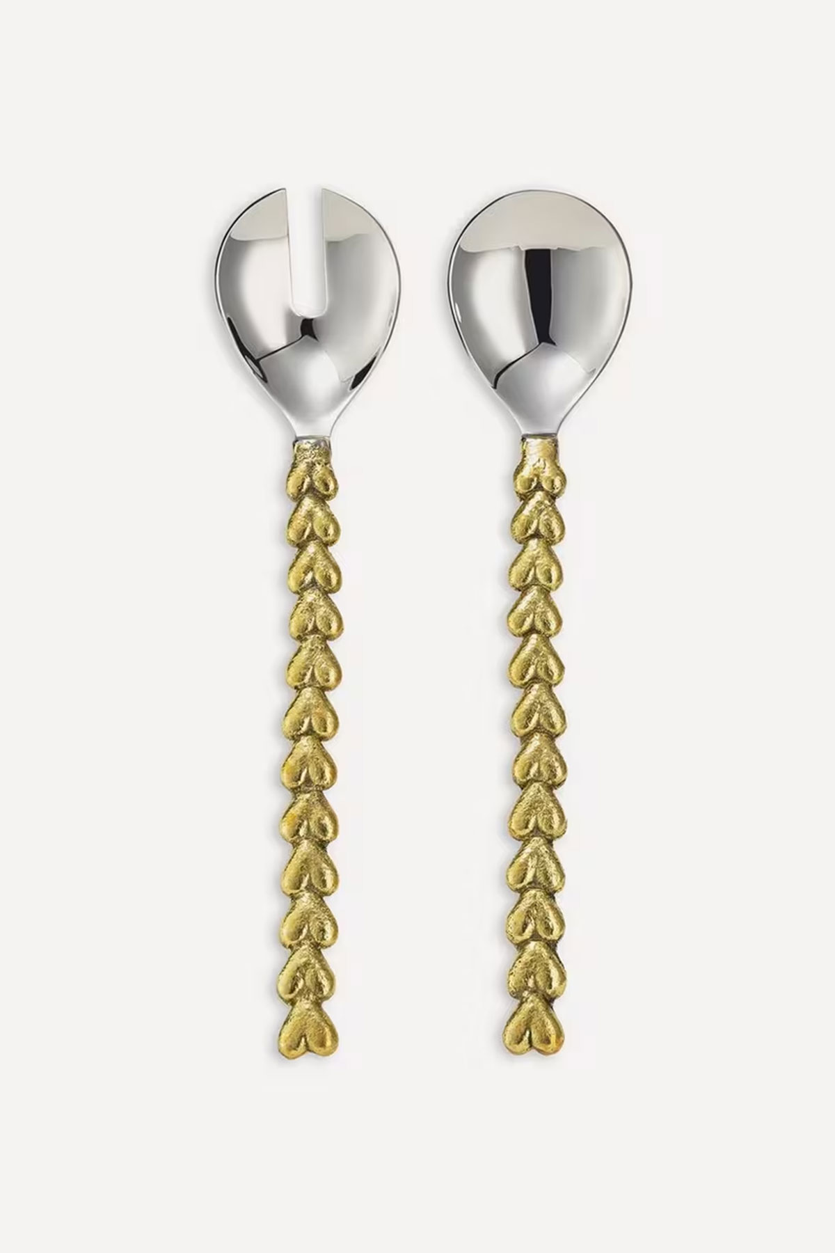 Liberty Holly Hearts salad server set with gold handles and silver spoon heads, a statement wedding gift for couples who enjoy entertaining