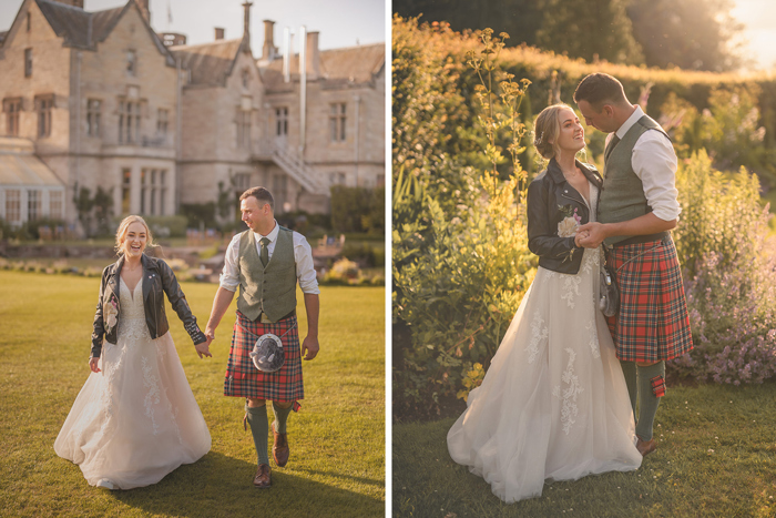 On the left a bride and groom walk holding hands across a sunny lawn, on the right a bride and groom look into each other's eyes in a garden