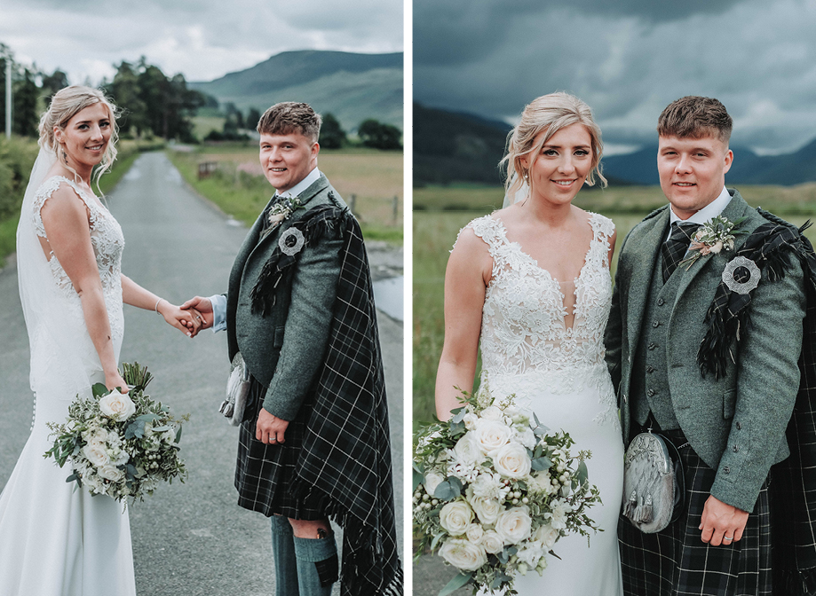 a bride and groom on a countryside road on left. a bride and groom posing under dark grey skies on right