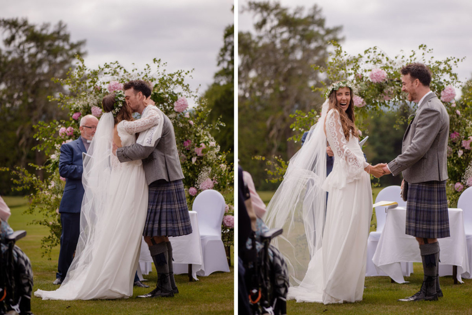 A Bride And Groom Kissing And Laughing During Wedding Ceremony At Raemoir House