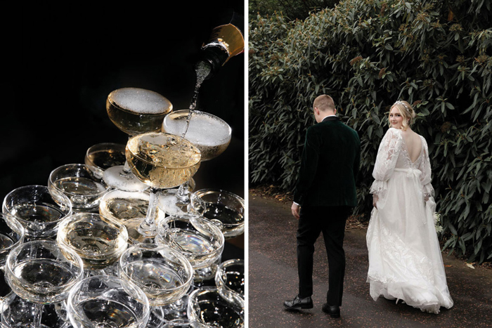 Image of a champagne tower and one of the couple holding hands walking away from the camera with the bride looking over her shoulder
