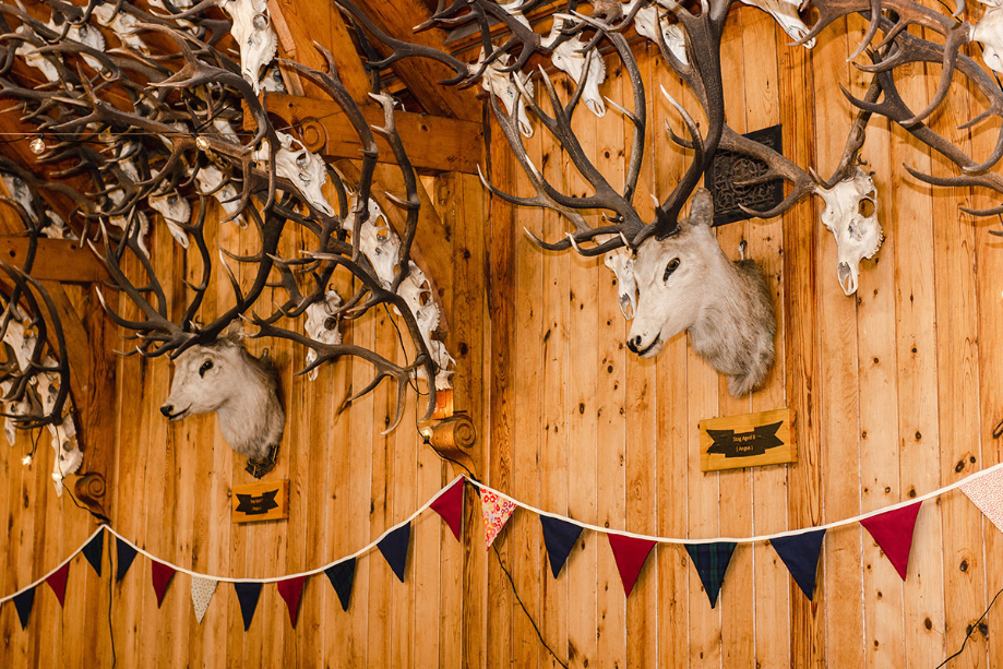 Stag heads and homemade bunting at Mar Lodge Estate