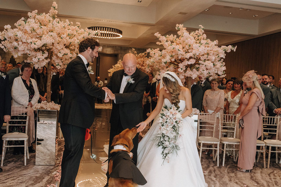 a wedding ceremony of a bride and groom with a dog at Cameron House.