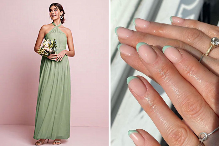 A model wearing a sage green bridesmaid dress and a manicure with sage green tips