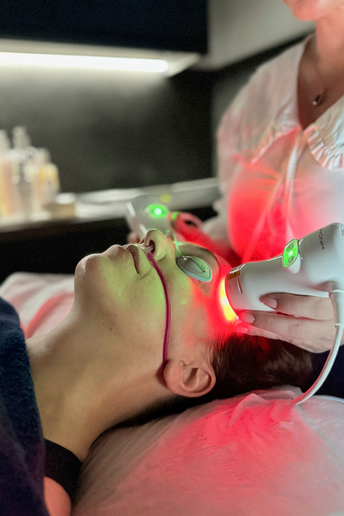 Client receiving the oxygen-assisted Byonik Laser Facial as part of a pre-wedding skincare routine