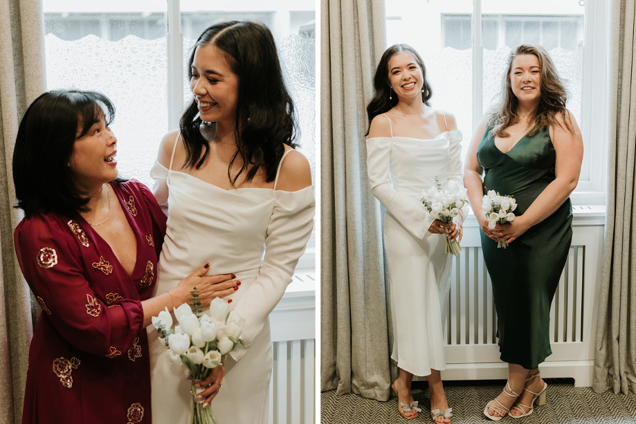 Bride with mother in one picture and with bridesmaid in other