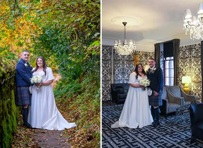 On the left a bride and groom stand in a woodland area and on the right the same couple stand in a room with a geometric carpet and ornate wallpaper