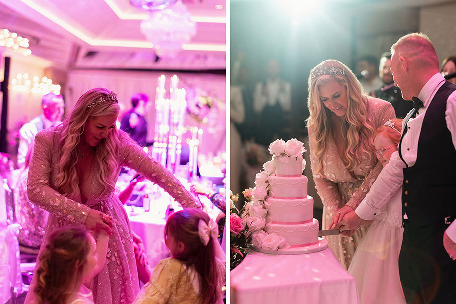 a bride dancing with two children and a bride and groom cutting a wedding cake