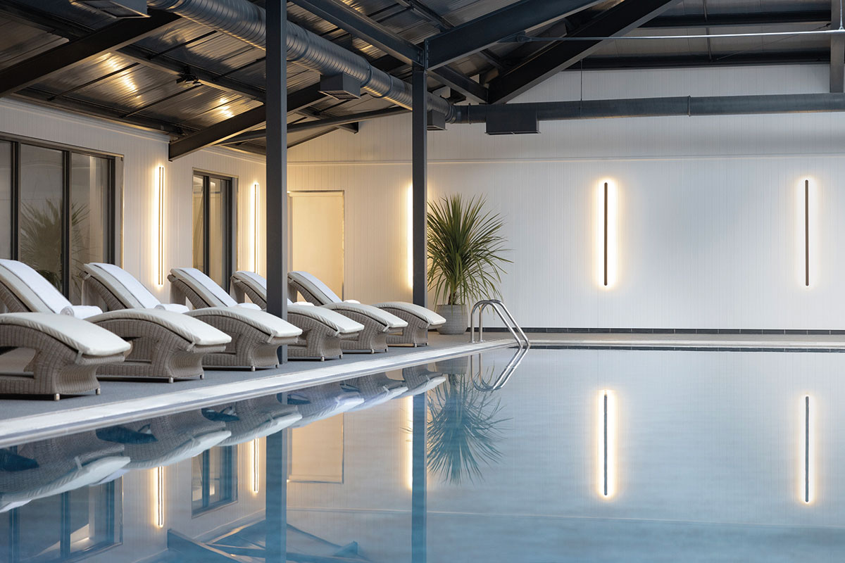 swimming pool with long row of recliner chairs alongside and a leafy plant in the corner