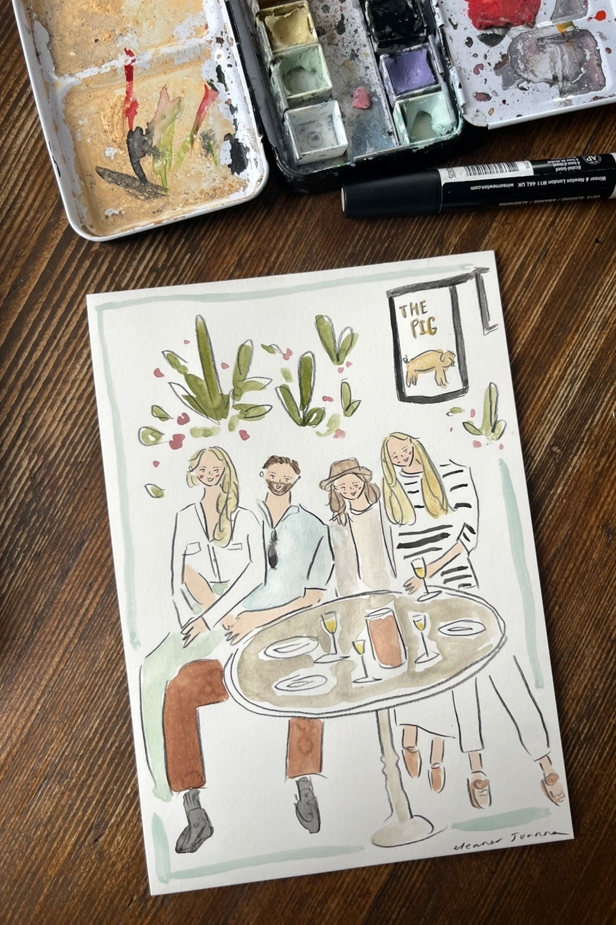 Hand-drawn personalised A5 portrait of friends at dinner, a thoughtful custom wedding gift for couples who love keepsakes