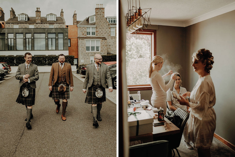 Grooms on wedding morning and bridesmaids getting ready