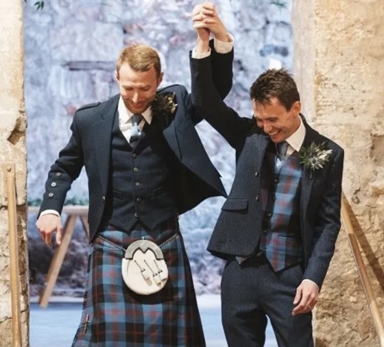 Groom and Groom celebrating their gay marriage at Kinkell Byre