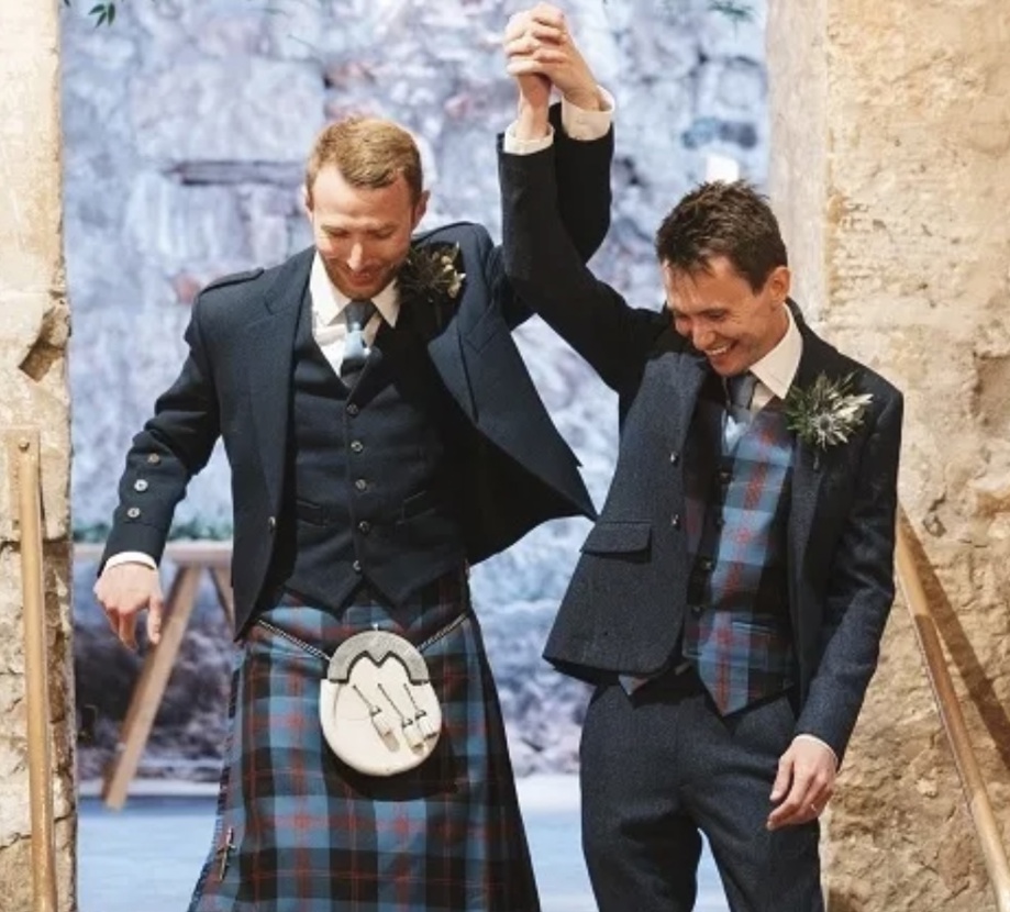 Groom and Groom celebrating their gay marriage at Kinkell Byre