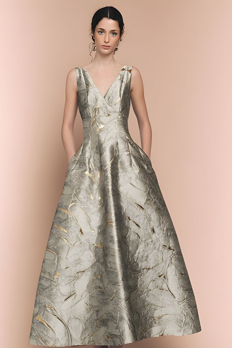 Silver and gold jacquard occasion dress with V-neck and full skirt