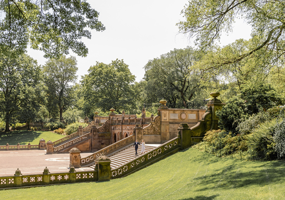 Wedding couple walking down ornate stone steps in Central Park, New York, surrounded by trees